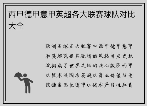 西甲德甲意甲英超各大联赛球队对比大全