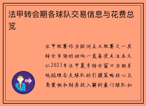 法甲转会期各球队交易信息与花费总览