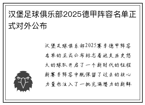 汉堡足球俱乐部2025德甲阵容名单正式对外公布